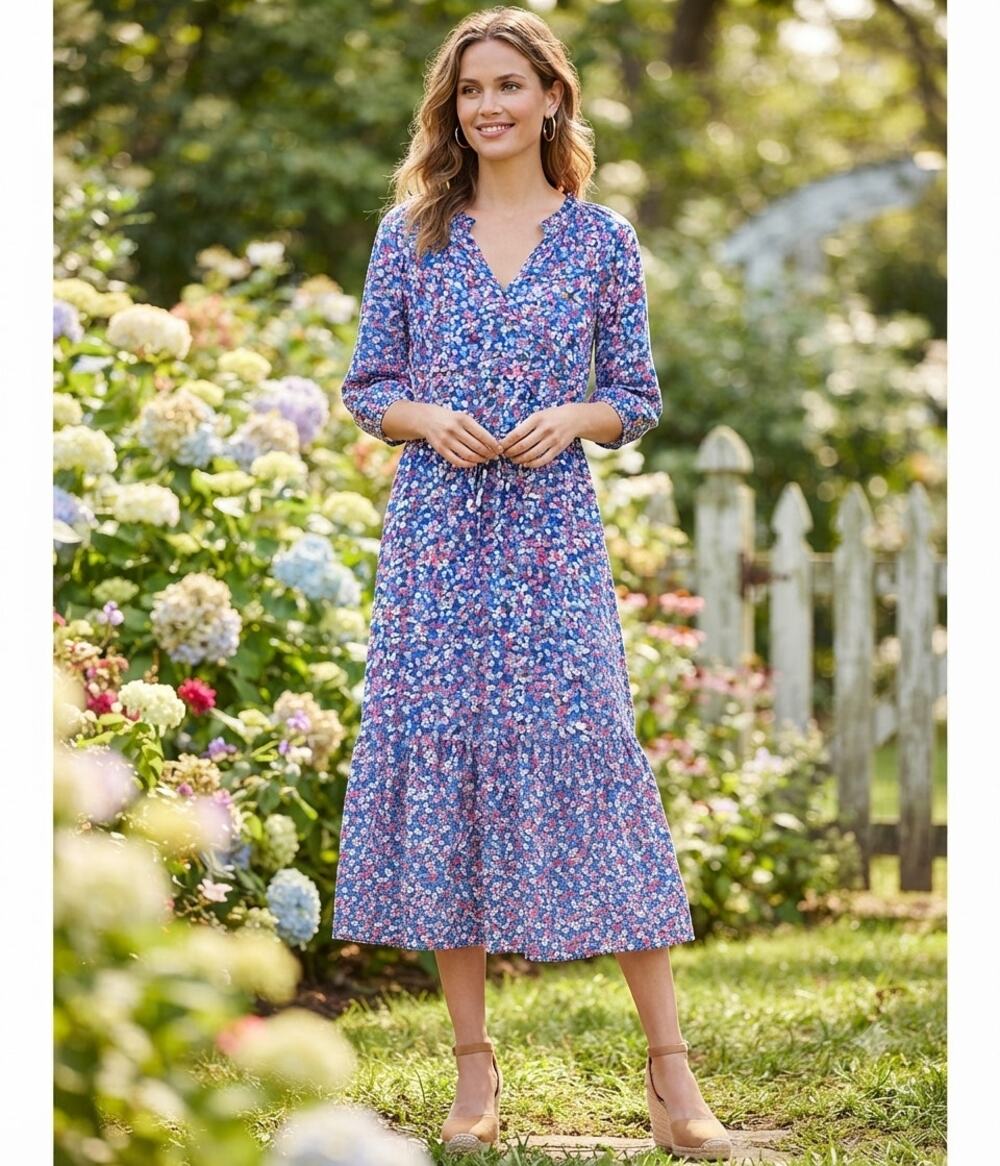 Draper James Floral Tiered Midi Dress V-Neck Drawstring Waist Southern Charm XS